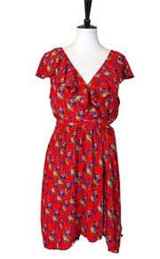 Anthropologie Wrap Dress Ruffle Neck Cap Sleeves Red Floral Women’s 14