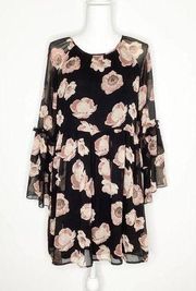 Le Lis Black And Pink Floral Bell Sleeve Mini Dress Medium