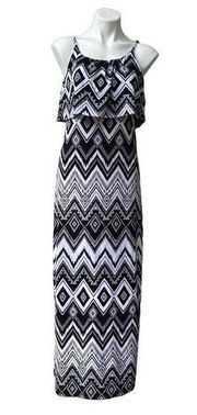 Bobbie Brooks Womens Maxi Dress Layered Chevron Stretch Black White Medium