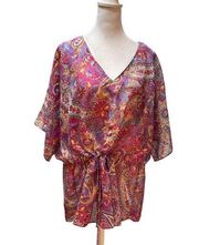 Purple with Multi-Color Abstract Floral Print Short Sleeve V-Neck Tie Top
