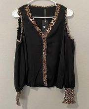 Kara & Kate Leopard Blouse S Smocked V Neck Button Front Cold Shoulder Career