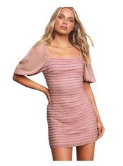 Lulus  Womens Endearing Intrigue Mauve Lace Puff Sleeve Mini Dress Size M New