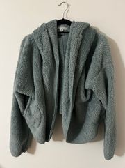 Blue Hooded Cropped Sherpa Jacket