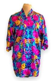 Vintage 80s Fredrick’s of Hollywood Robe Bright Floral Kimono Style Silky