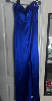 Satin Pleated Strapless Maxi Dress in Royal Blue in a Medium