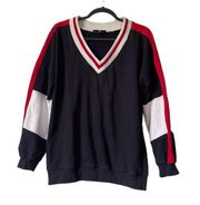 Missguided Navy Red White USA Terrycloth V-Neck Sweater Pullover size 6 Small