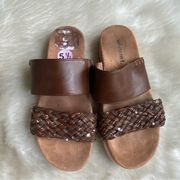 Brown Sequin Embellished Woven Faux Leather “Trudy” Sandals