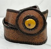 Chico's Vintage Genuine Leather Floral Tooled Belt Size Medium M Womens
