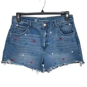 NoBo Juniors SZ 13 Jean Shorts Patriotic Stars Frayed Hems Distressed Embroidery