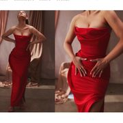 HOUSE OF CB Adrienne' Scarlet Satin Strapless Gown red NWOT size XS