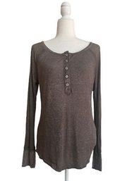 Treasure & Bond Lightweight Ribbed Button Henley Womens L Olive Green Casual