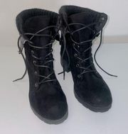 black lace up heel treaded boots with plaid trim size 7.5