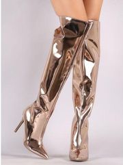 Gorgeous Rose Gold Metallic Mirror Pointy Toe Knee High Boots Size 5.5 NWOT NWOB