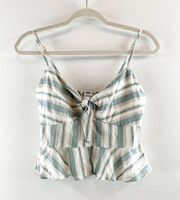 Storia Tie Front Cropped Striped Cotton Cropped Tank Top Green White Small