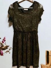 Vintage  Floral Lace Black & Gold Dress Size Small