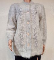 Lee Sands Rabbit Angora Hair Blend Cardigan Sweater Size: ONE Size With Pockets