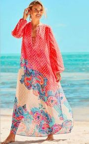 Frey Long Sleeved Maxi Coverup in Coral Spritz ‘Beach Bungalow’ Engineered Print  NWOT