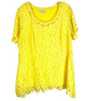 Isaac Mizrahi Live Plus Size 1X Top Yellow Lace Peplum Lined Short Sleeve 649