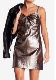 NEW NWT 1.STATE Spaghetti Strap Metallic Slip Dress Silver Vegan Faux Leather 2