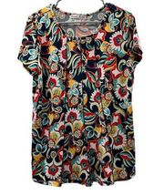 Carol Rose Navy Blue Multicolor Floral Print Short Sleeve Scoop Neck Top Sz XL