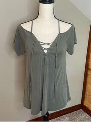 Active USA Olive Green Cold Shoulder Lace Up Top Medium