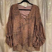 By Together Brown Animal Print Lantern Balloon Sleeve Flowy Criss Cross Top S/M