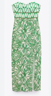 Leaf Print Strapless maxi dress