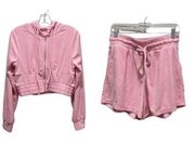 Zenana Terry Long Sleeve Cropped Zip Up Hoodie & Shorts Lounge Set Pink Large