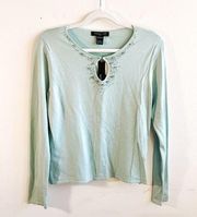 August Silk Top Glazed Green Bejeweled Keyhole Neck Silk Blend Knit Sz M NWT