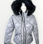 🎉 Collection Gray Silver Quilted Puffer Coat Black Faux Fur Trim NEW Sz S