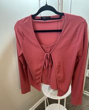 collections pink open front tie long sleeve shirt with tank medium