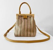 Street Level Beige striped Canvas Leather Wooden Frame Crossbody Handbag Purse