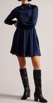 NWT Ted Baker London Ryaa High Neck Fit and Flare Mini Dress in Navy Blue