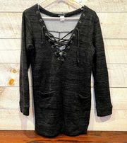 VENUS Women’s Dark Heather Gray Lace Up Tunic Length Sweatshirt Size M