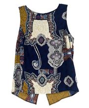 Renee C Boho Tank Top Split Back Mixed Pattern Blue Gold Sleeveless Size M