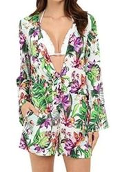 La Blanca Romper Tropical Plunge Neck Bell Sleeve Beach Vacation Coastal Travel