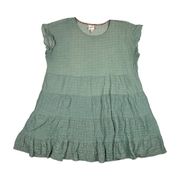 XXL Short Sleeve Babydoll Mini Dress Pockets Ruffle Hem Green *FLAW