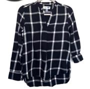 Old Navy  flannel plaid shirt top XSMALL Petite black white Rull up long sleeve