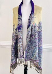 Pashmina & Silk Beautiful Purple & Cream Long Fringed Shawl Scarf Wrap 27" x 68"