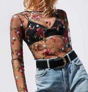 Long Sleeve Floral Mesh Top