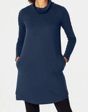 J.JILL PURE JILL LUXE TENCEL NAVY TURTLENECK LONG LINE SHIFT DRESS WITH POCKETS