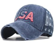 Blue USA American Flag Trucker Cap - Washed Distressed Embroidery - Adjustable