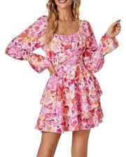 Women’s Long Puff Sleeve Ruffle Hem Floral Mini Dress Hem M New