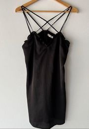 Cotton Candy LA Black Satin Ruffle Mini Slip Dress with Crossover Straps Size M