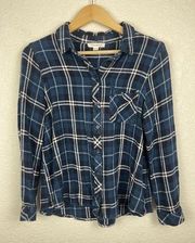 Beach Lunch Lounge Plaid Button-Up Shirt Size XL Blue Black Cropped Long Sleeve