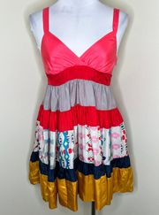 100% Silk Mini Dress XS Multicolor Colorblock Floral Tie Back Tiered