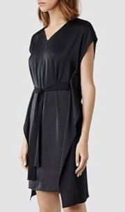 All Saints Womens Greta Black Japanese Cloth Silky Tie Waist V Neck Dress size 4