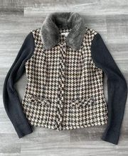 Cabi Wool Sweater Jacket Size 4 Zip Houndstooth Gray Brown Faux Fur