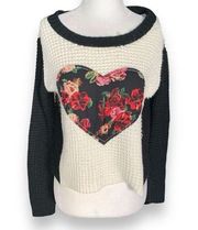 Vintage Wet Seal Sweater Cream Black Colorblock Dark Floral Heart Print Boxy