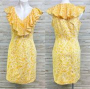 Cotton Silk Sheath Dress Womens Size 8 Yellow Ruffle Sleeveless